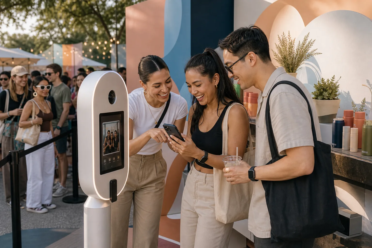 Guests sharing photos at a brand activation photo booth in Austin, Texas.