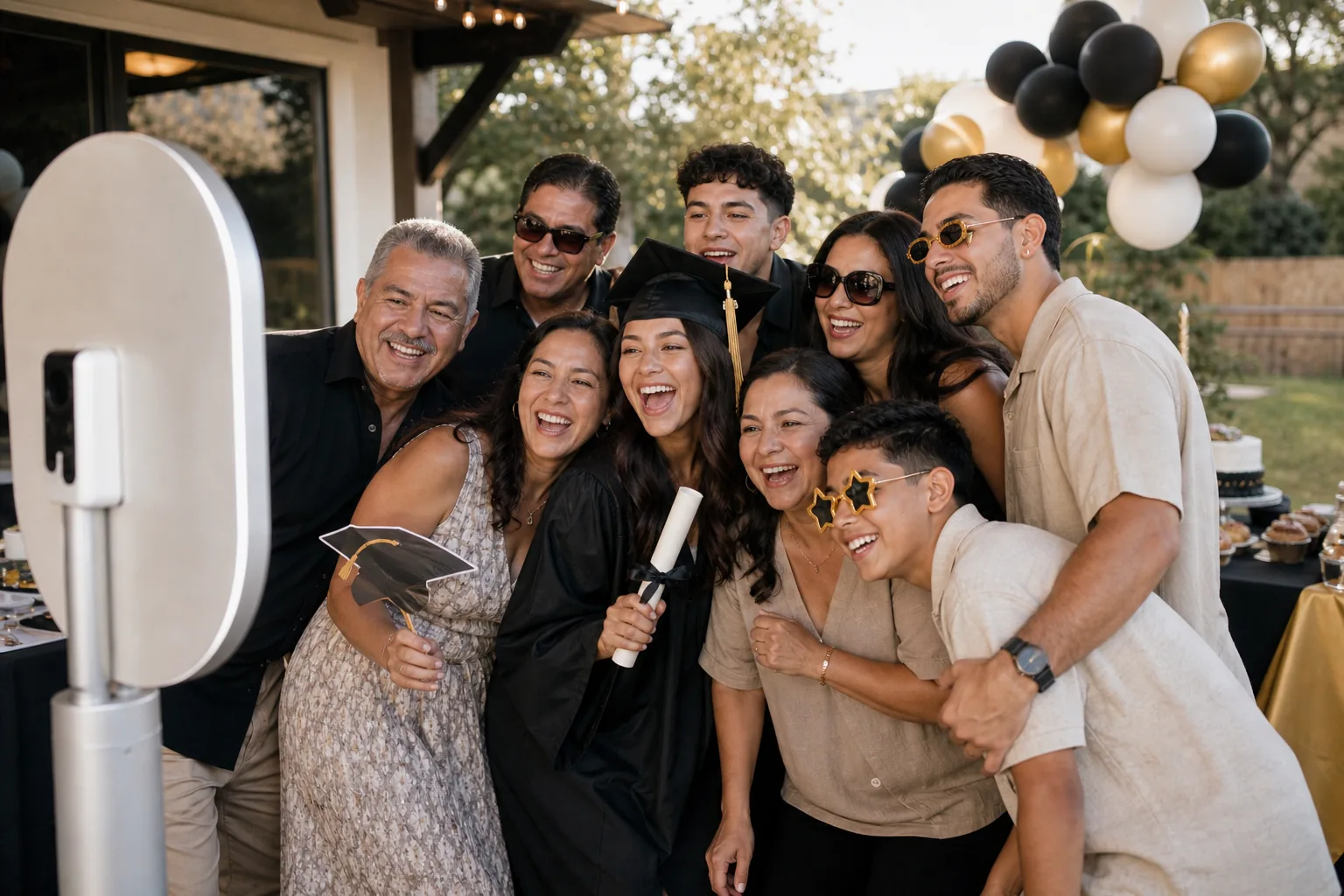 Graduate posing with family at a photo booth celebration in San Marcos, Texas.
