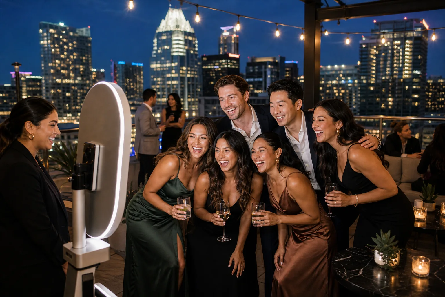 Guests laughing around a rooftop photo booth event in Austin, Texas.